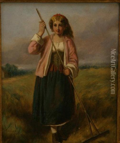 Girl With Rake Oil Painting - William F. Hardy
