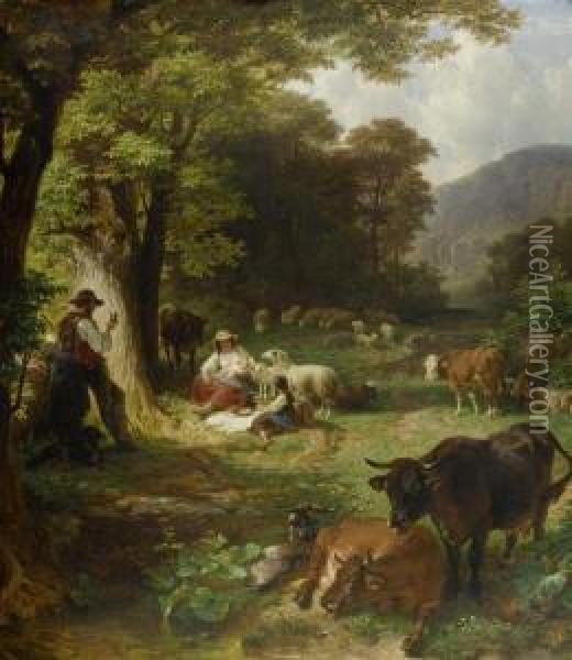 Peasant Family At Meal Time With Cows And Sheep Oil Painting - Friedrich Johann Voltz