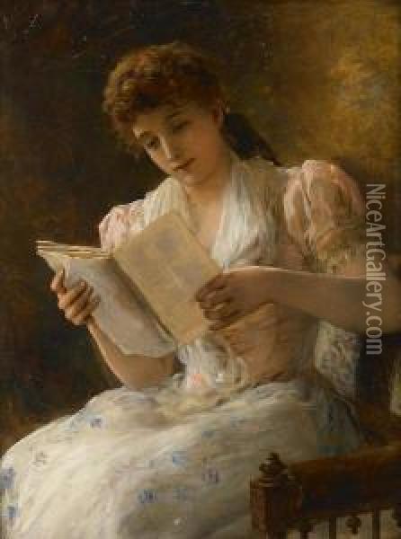 A Portrait Of A Lady Reading A Book Oil Painting - William Oliver