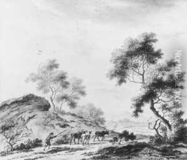 Baumbestandene Landschaft Mit Einem Viehtreiber. Oil Painting - Johannes, Jacobus Janson