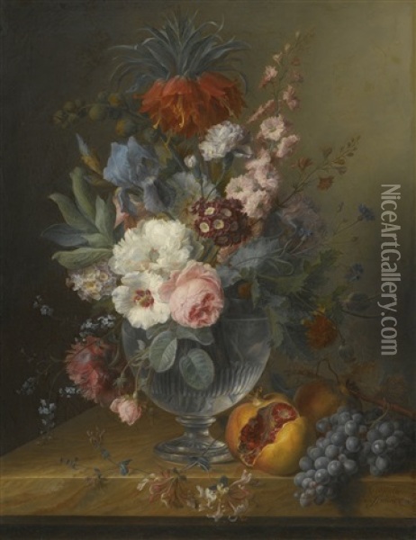 Still Life Of Flowers In A Glass Vase With Honeysuckle, Pomegranates And Grapes, All On A Marble Ledge Oil Painting - Cornelis van Spaendonck