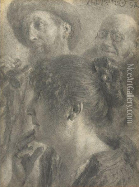Drei Studienkopfe (three Head Studies) Oil Painting - Adolph von Menzel