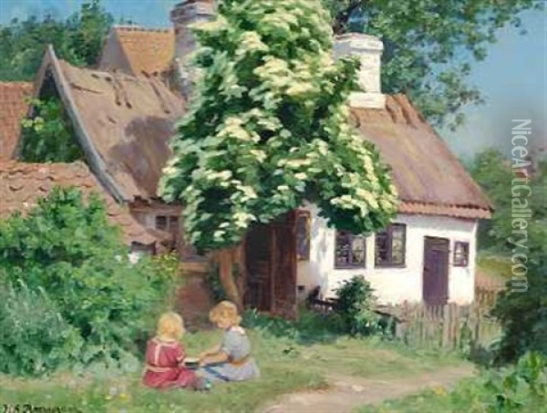 Sommerdag Med Legende Smapiger Foran Et Bondehus Oil Painting - Hans Andersen Brendekilde