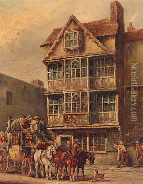 The Bristol To Bath Mail Coach Outside The Fourteen Stars Tavern Oil Painting - John Charles Maggs