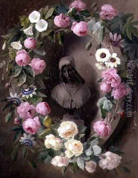 Garland with Roses and Passion Flowers Around a Bust of a Saint Oil Painting - Henrietta de Longchamp