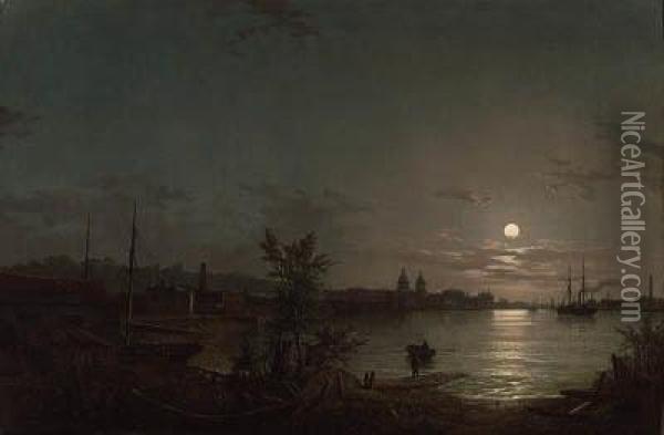 Greenwich Reach - Moonlight Oil Painting - Henry Pether