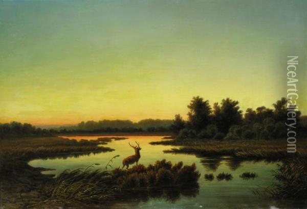 Moorsee Im Abendlicht Mit
 Einem Hirsch Am Ufer Oil Painting - Anton Zwengauer