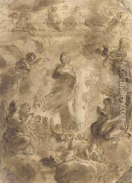 The Virgin Immaculate below the Trinity surrounded by putti and angels Oil Painting - Pier Francesco Mola