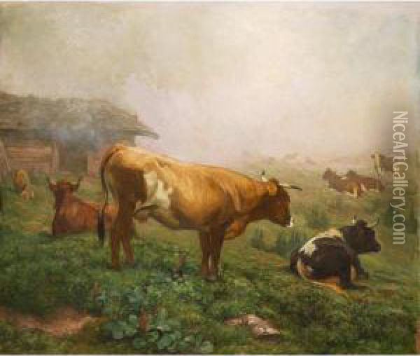 Kuhe Im Nebel Oil Painting - Rudolf Koller
