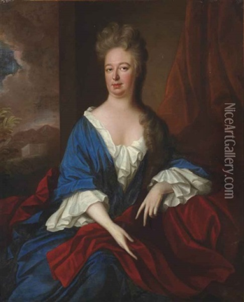 Portrait Of A Lady Lady Bagot (1665-1714), Wife Of Sir Edward Bagot, 4th Baronet?), Three-quarter-length, In A Blue Dress With A Red Stole... Oil Painting - Michael Dahl
