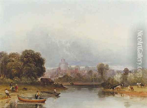 Figures and boats on the Thames below Windsor Castle Oil Painting - William of Eton Evans
