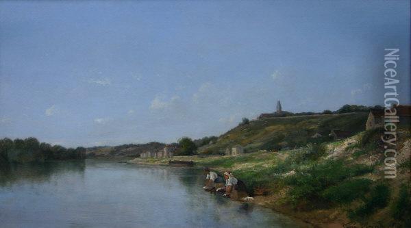 River Landscape With Washer 
Women In Foreground, A Village And Church On Hill In Background Oil Painting - Jules Rozier