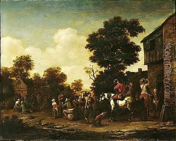 A Horseman And Various Figures Standing Outside A Tavern Oil Painting - Barend Gael or Gaal