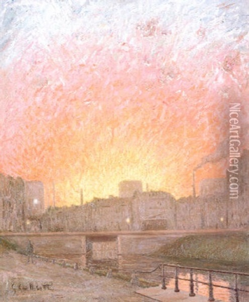 Canal A Gand, Belgique, Essai Du Soleil Couchant Oil Painting - Gustave Caillebotte
