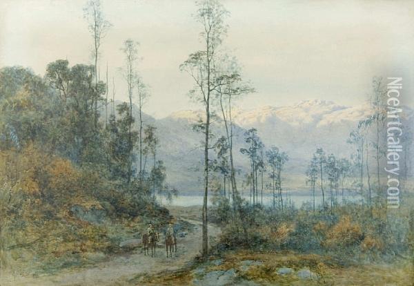 Mounted Figures Before A Lake Landscape Oil Painting - Alfred Sinclair