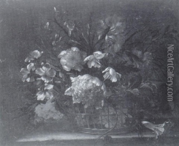 Bouquet De Fleurs Dans Une Corbeille D'osier Sur Un Entablement Oil Painting - Jean-Baptiste Monnoyer