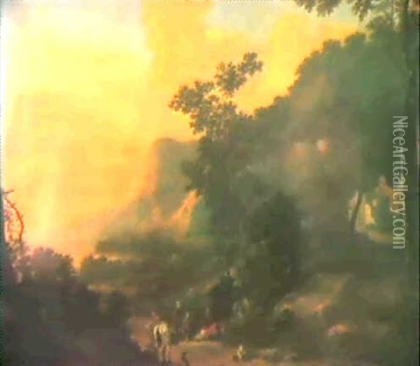 A Mountainous Italianate Landscape With A Horseman And      Peasants Resting At Sunset Oil Painting - Jan Dirksz. Both