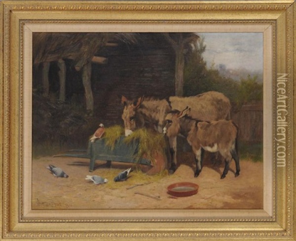 Donkeys And Pigeons Share Hay Oil Painting - Arthur Batt