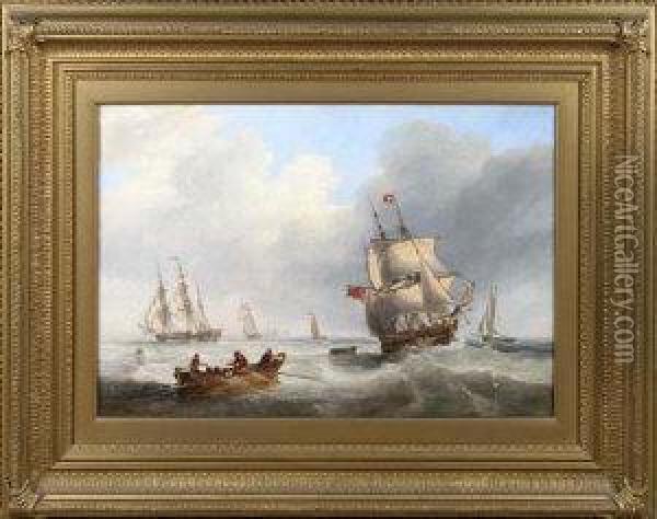 Sailing Ships And A Rowing Boat In A Stiff Breeze Oil Painting - John Wilson Carmichael