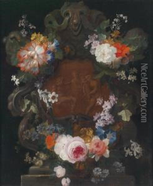 Garland Of Flowers Surrounding A Cartouchedepicting A Bacchanalian Scene Oil Painting - Jan Philip van Thielen