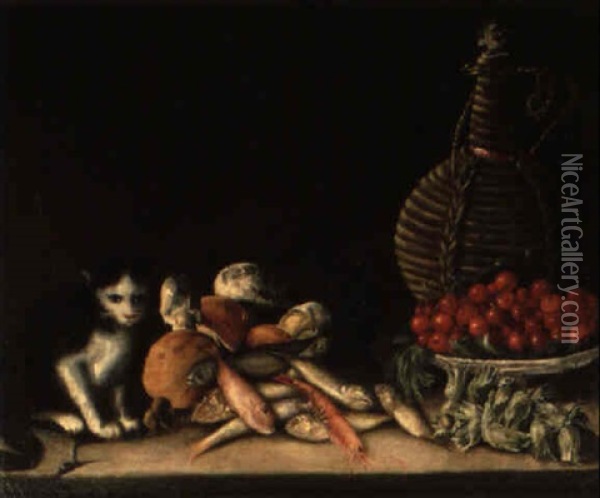 Gatto Vicino A Funghi, Pesci E Ciliege Oil Painting - Giovanni Francesco Briglia
