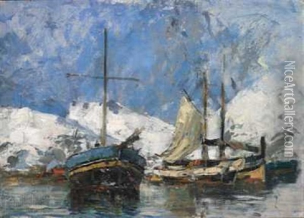 Bater I Havn, Lofoten Oil Painting - Gunnar Berg