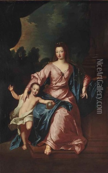 Portrait De Madame Francoise-marie De Bourbon (1677-1749) Avec Son Fils Louis (1703-1752), Futur Duc D'orleans Oil Painting - Pierre Gobert