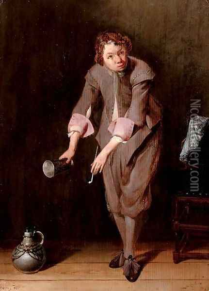 A youth holding a silver cup and a pipe Oil Painting - Willem Cornelisz. Duyster