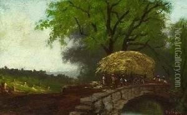 Benjamin Franklin Tryon . Men With Haycart On A Bridge Oil Painting - Benjamin Franklin Tryon