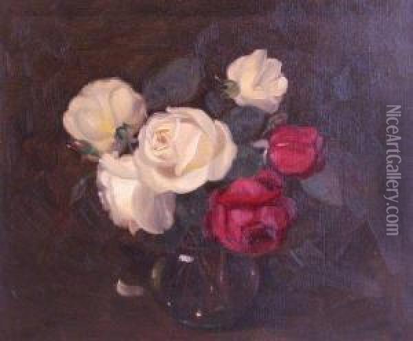 Still Life With Red And White Roses Oil Painting - John Watson