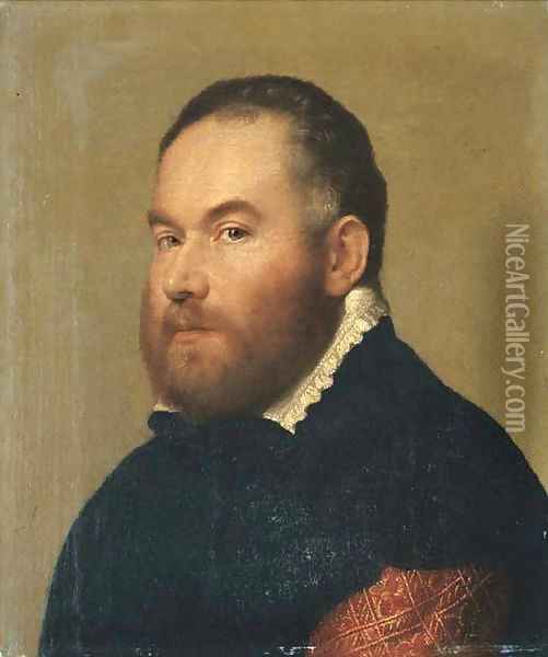 Portrait of a gentleman, bust-length in a brocaded red velvet doublet with a black cloak and a white collar Oil Painting - Giovanni Battista Moroni