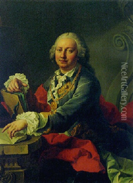 Portrait Of The Artist Wearing A Medal Of Frederick, King Of Sweden, With A Folio Resting On A Stone Pedestal Oil Painting - Martin van Meytens the Younger