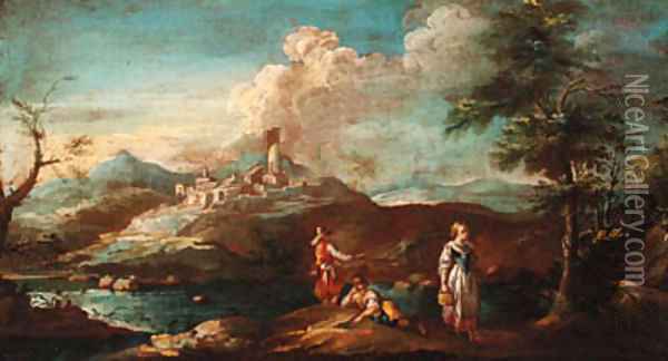 A river landscape with fishermen and a maid on a bank, a town beyond Oil Painting - Giuseppe Zais