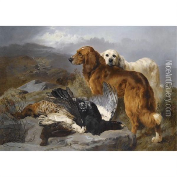 A Retriever And Setter With Capercaillie, Ptarmigan And Grouse Oil Painting - George William Horlor