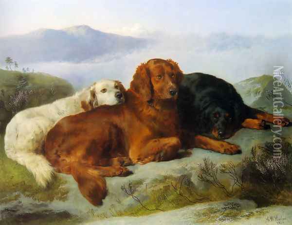 A Golden Retriever, Irish Setter, and a Gordon Setter in a Mountainous Landscape Oil Painting - George W. Horlor