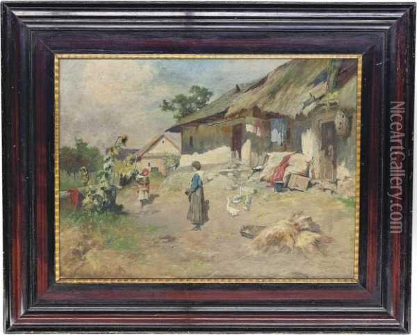 In The Farmyard Oil Painting - Antal Neogrady