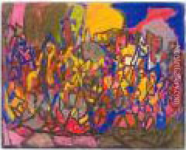 Komposition - Volksmenge Vor 
Landschaft (composition: Crowd Of People In Front Of A Landscape) Oil Painting - Adolf Hoelzel