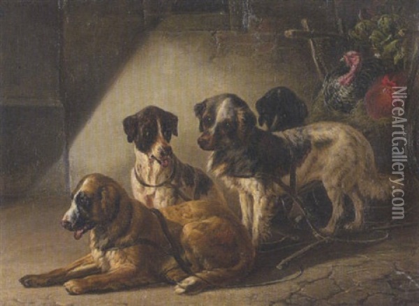 Vier Hunde, Truthahn Und Hahn Oil Painting - Karl Wilhelm Tornau