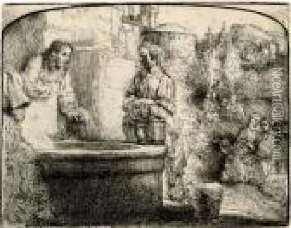 Christ And The Woman Of Samaria: An Arched Print Oil Painting - Rembrandt Van Rijn