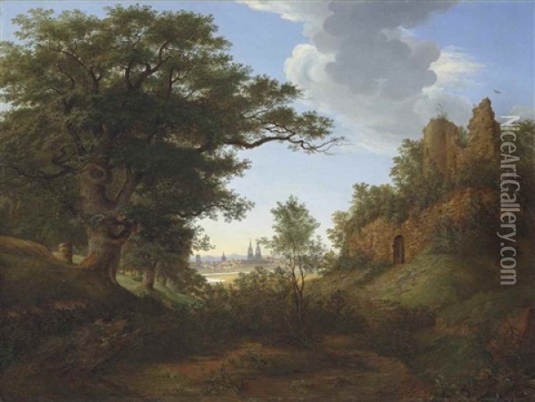 A Wooded Landscape With Ruins And A View Of Cologne, The High Cathedral Of Saints Peter And Mary Beyond Oil Painting - Jean-Barthelemy Domer
