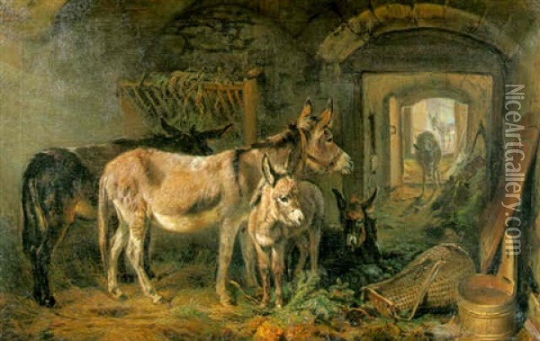 Donkeys In A Stable Interior Oil Painting - Benno Raffael Adam