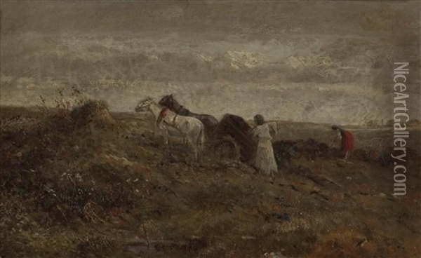 Feldarbeiter Mit Pferdefuhrwerk In Der Pusta Oil Painting - Albert (Adolf) Richter