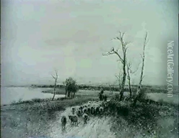 Driving Sheep By A River Oil Painting - William Manners