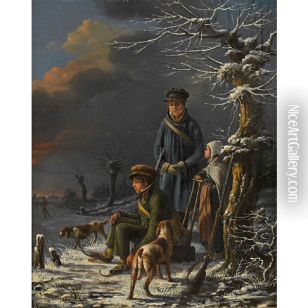 Winterlandschaft Mit Kindern Am Zugefrorenen Fluss Oil Painting - Henri Voordecker