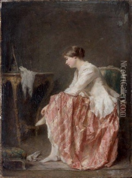 Jeune Femme Delacant Ses Chaussures Oil Painting - Antoine Emile Plassan