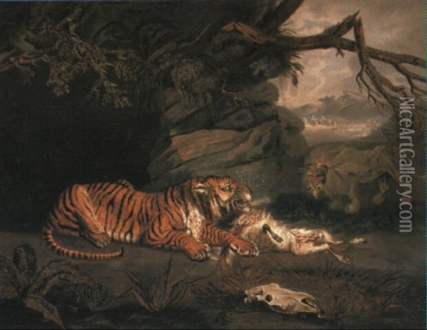 A Lion Attacking A Tiger Oil Painting - William Samuel Howitt