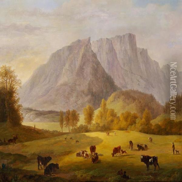 Cows In A Meadow In The Alps Oil Painting - Christian David Gebauer
