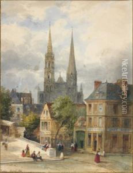 Vue Animee De La Tour Saint-ouen A Rouen Oil Painting - Pierre Justin Ouvrie