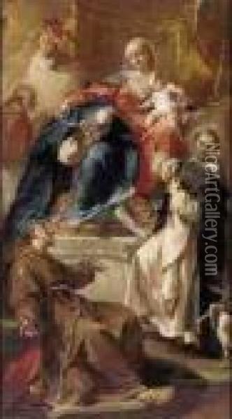 Madonna And Child With Saints Rosa Of Lima, Dominic, Bonaventura And Carlo Borromeo Oil Painting - Giovanni Battista Pittoni the younger
