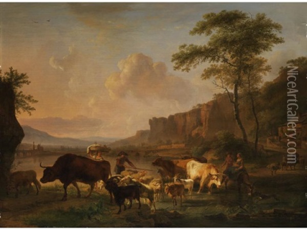 Hirten Mit Schafen Und Rindern An Einem Sudlichen Flussufer Oil Painting - Balthasar Paul Ommeganck